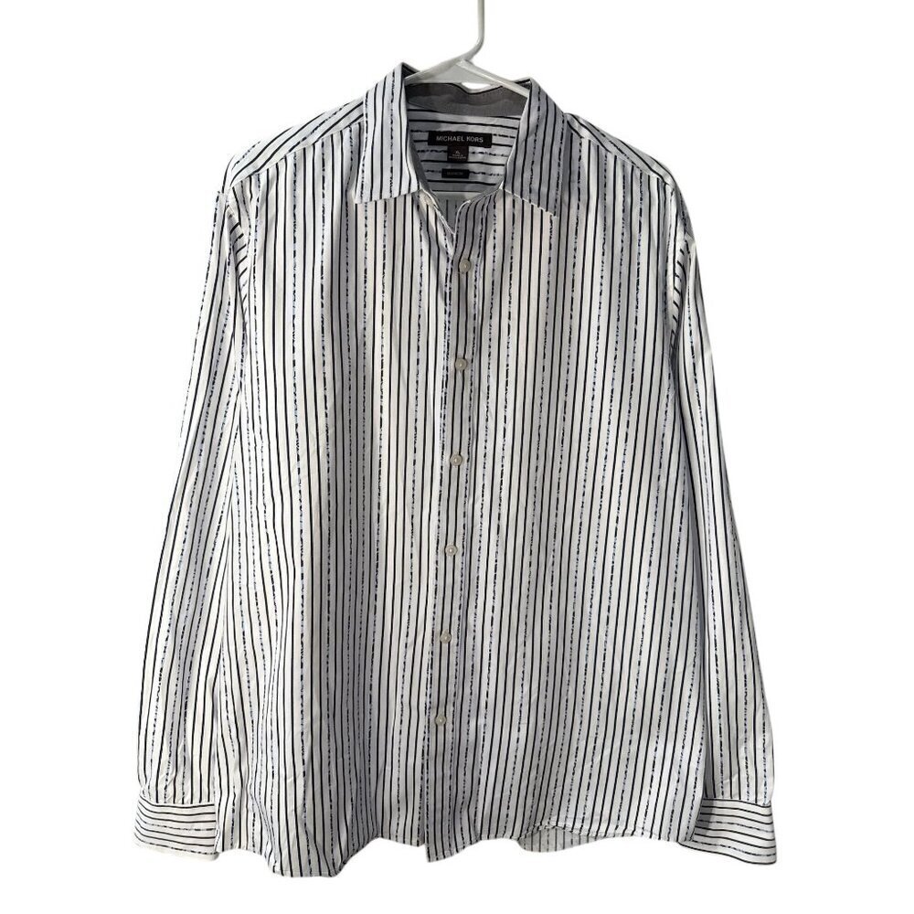 Michael Kors Classic Fit XL White & Navy Striped 100% Cotton Button-Up Shirt EUC